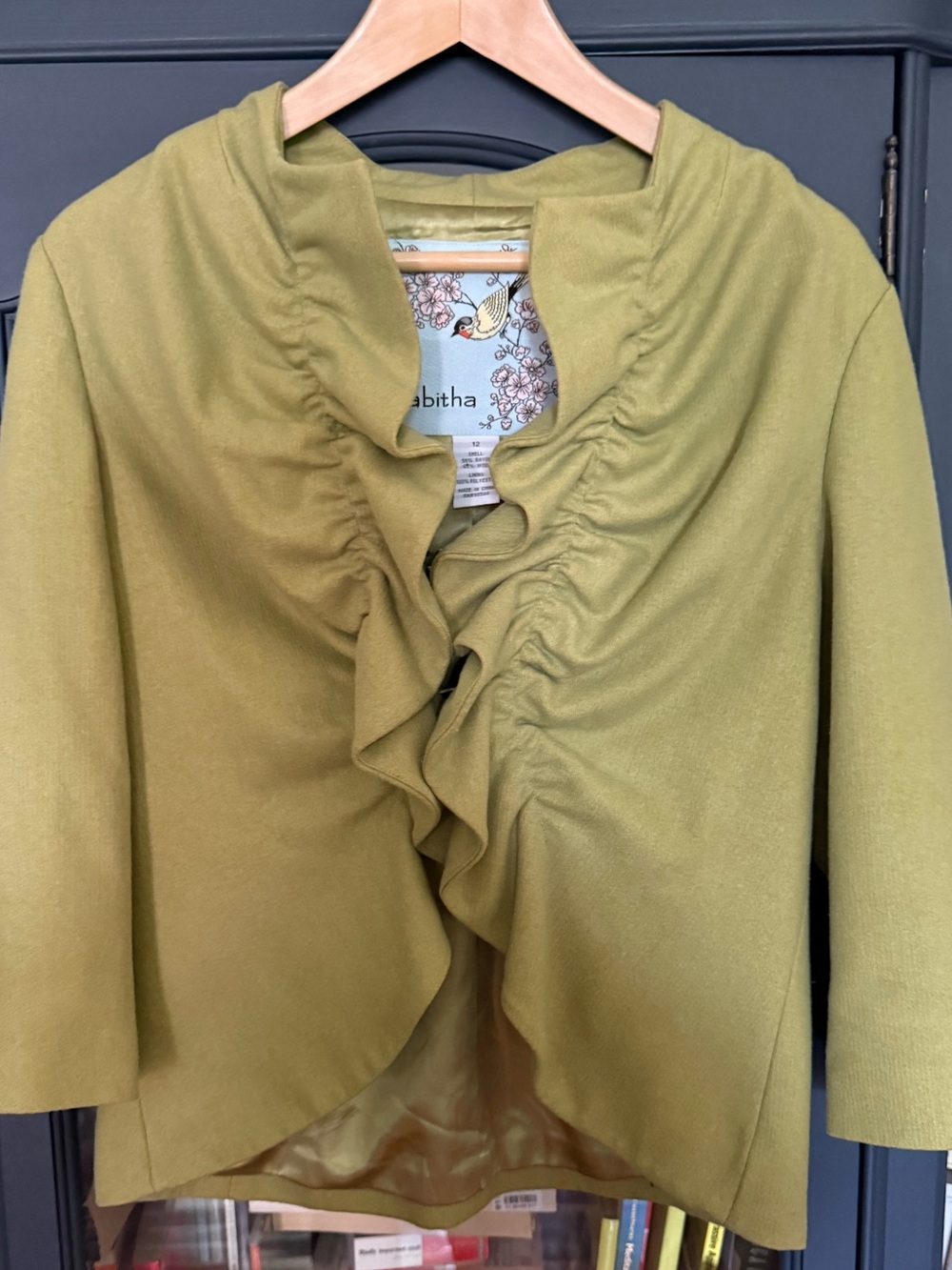 Tabitha Olive Green Ruffled Open-Front Cardigan - size 12